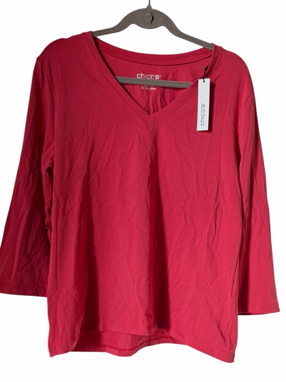 Chico's Women's V-Neck Long Sleeve Top in Raspberry Pink Red Cotton Basic